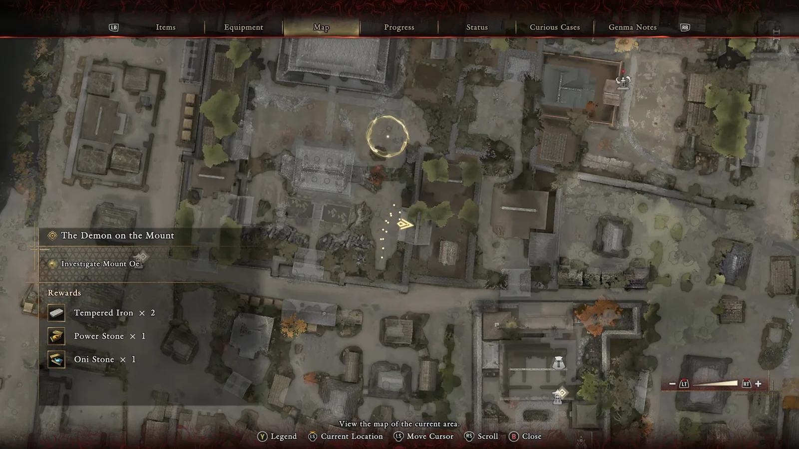 Map screen showing an active quest objective and its listed rewards