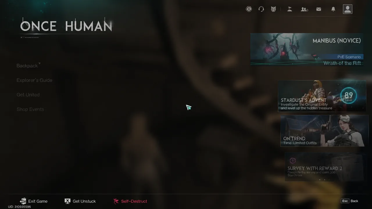 Once Human main menu with the Self-Destruct button highlighted in the bottom action bar