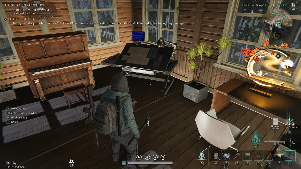 Once Human gameplay HUD showing the selected weapon slot while exploring a furnished camp