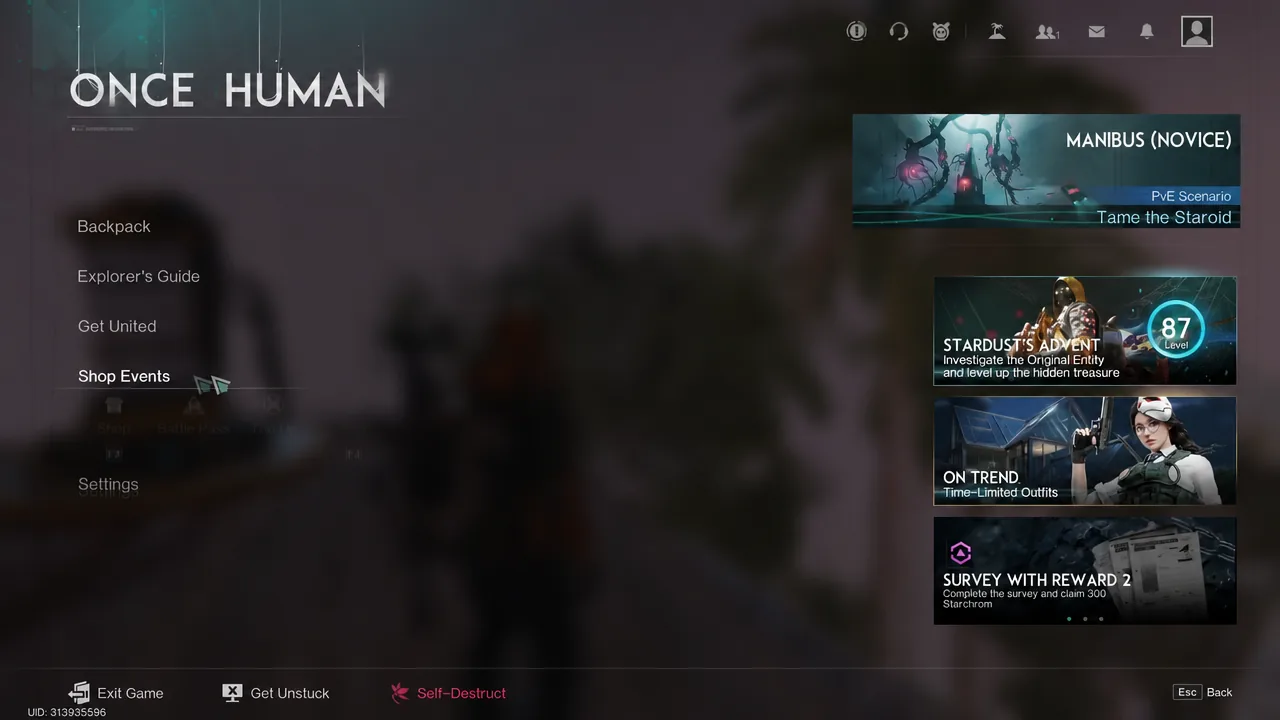 Once Human main menu with Shop Events highlighted as the selected option