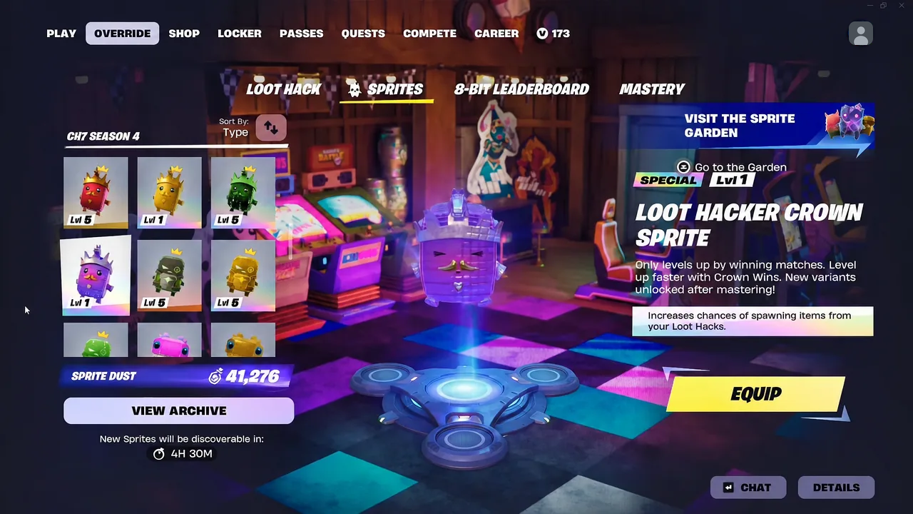 The Loot Hacker Crown Sprite selected in the Sprites tab, sitting alongside still-locked variants.