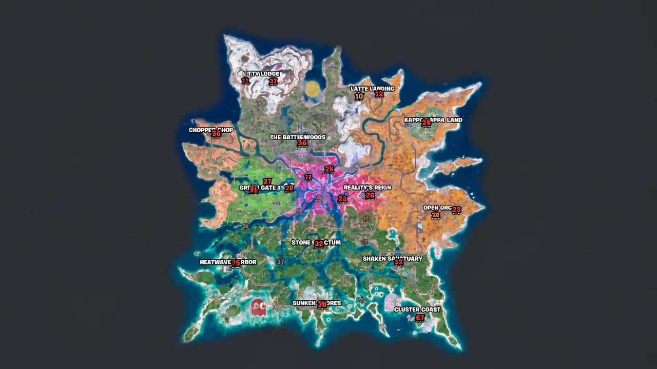 The island map with cheat code spawn points marked across named POIs.