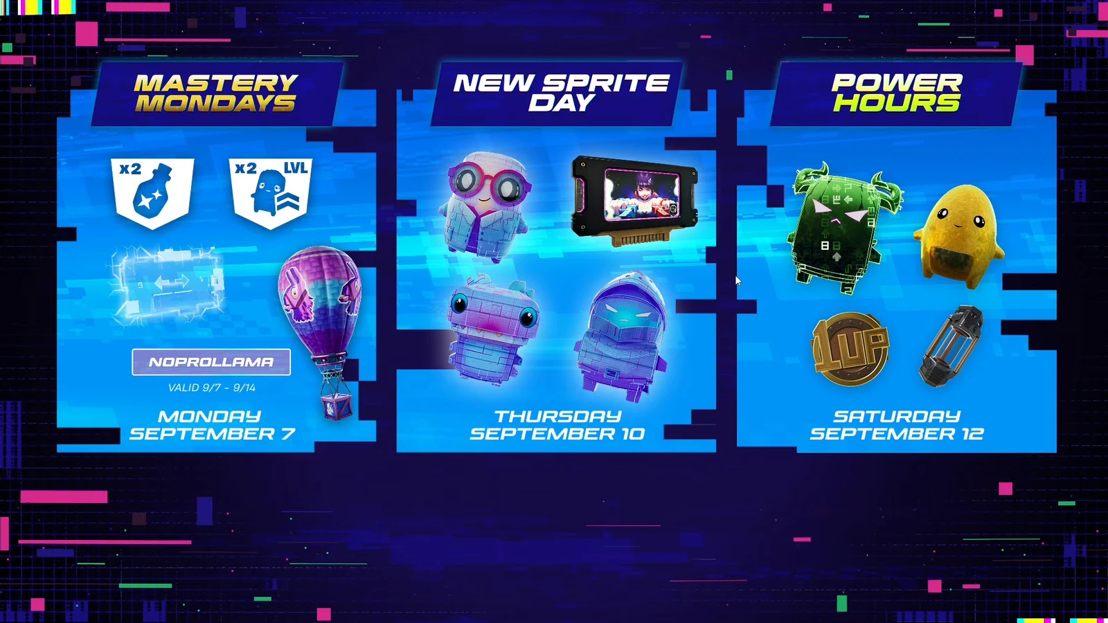 In-game Sprite event schedule showing Power Hours and New Sprite Day entries