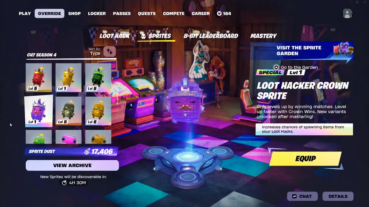 Loot Hacker Crown Sprite selected on the Sprites screen with the Equip prompt visible