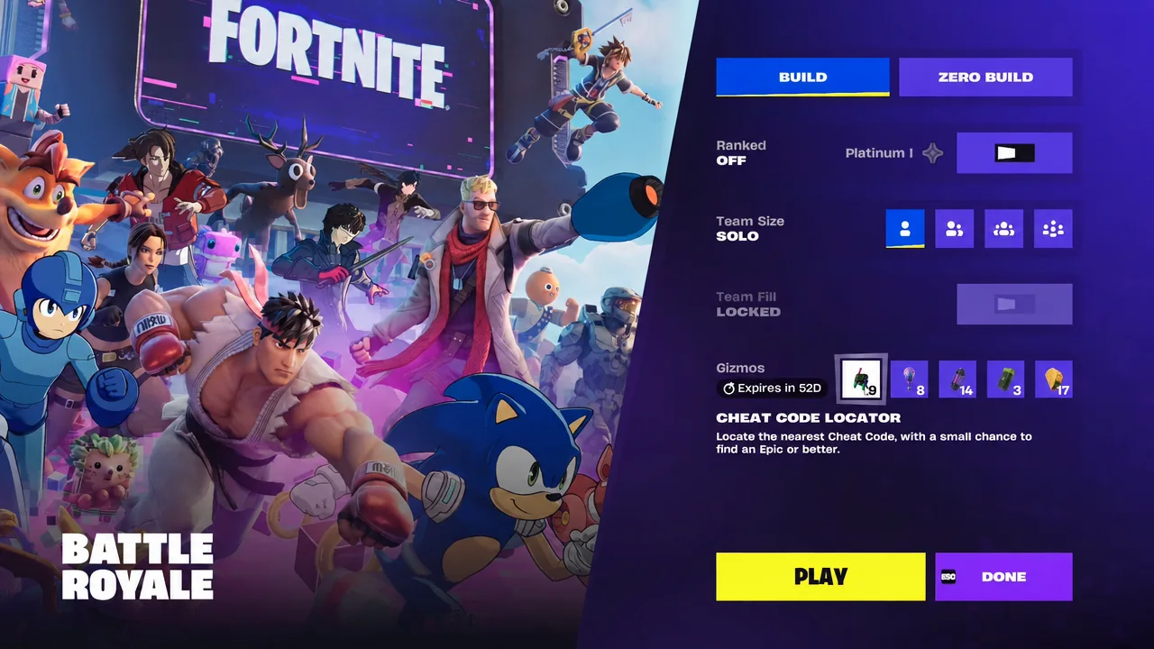 Battle Royale setup screen with Build mode and Solo team size selected before dropping in
