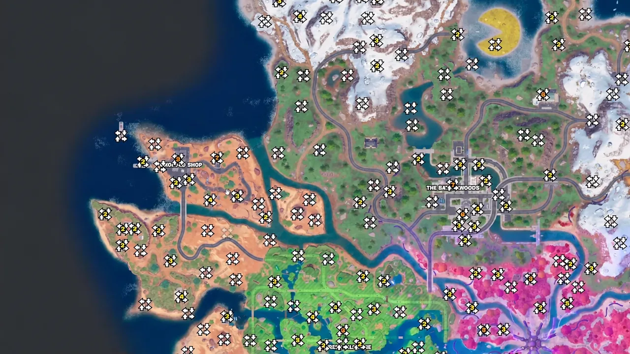 Fortnite map covered in markers, with the northwest region highlighted as a farming route