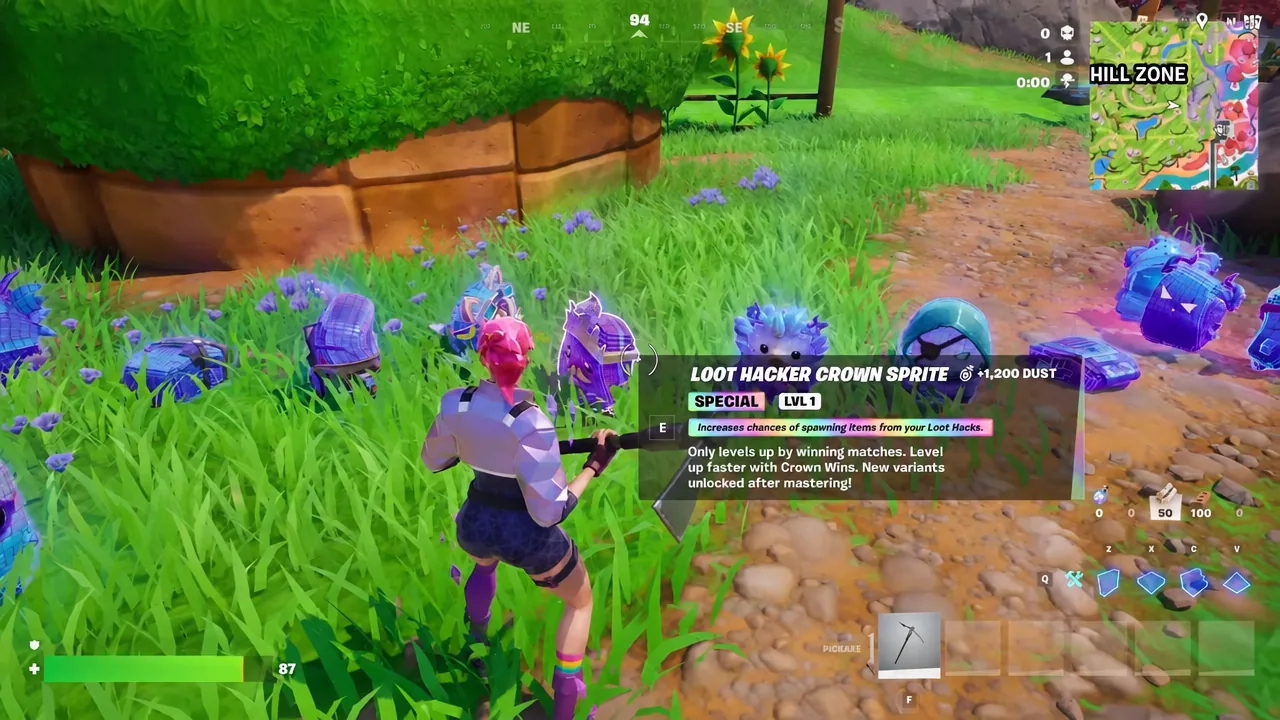 Loot Hacker Crown Sprite panel highlighted in-game with the E prompt to pick it up