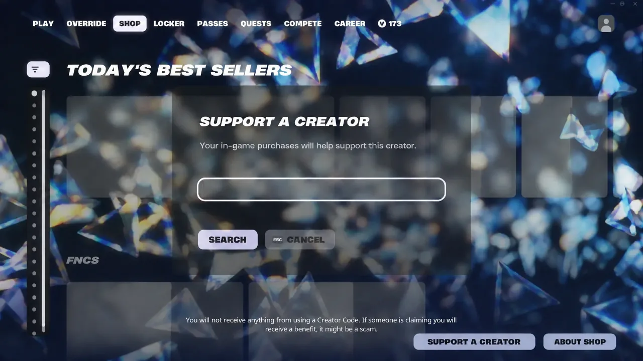 The Support a Creator dialog in the shop, with the creator code field selected.