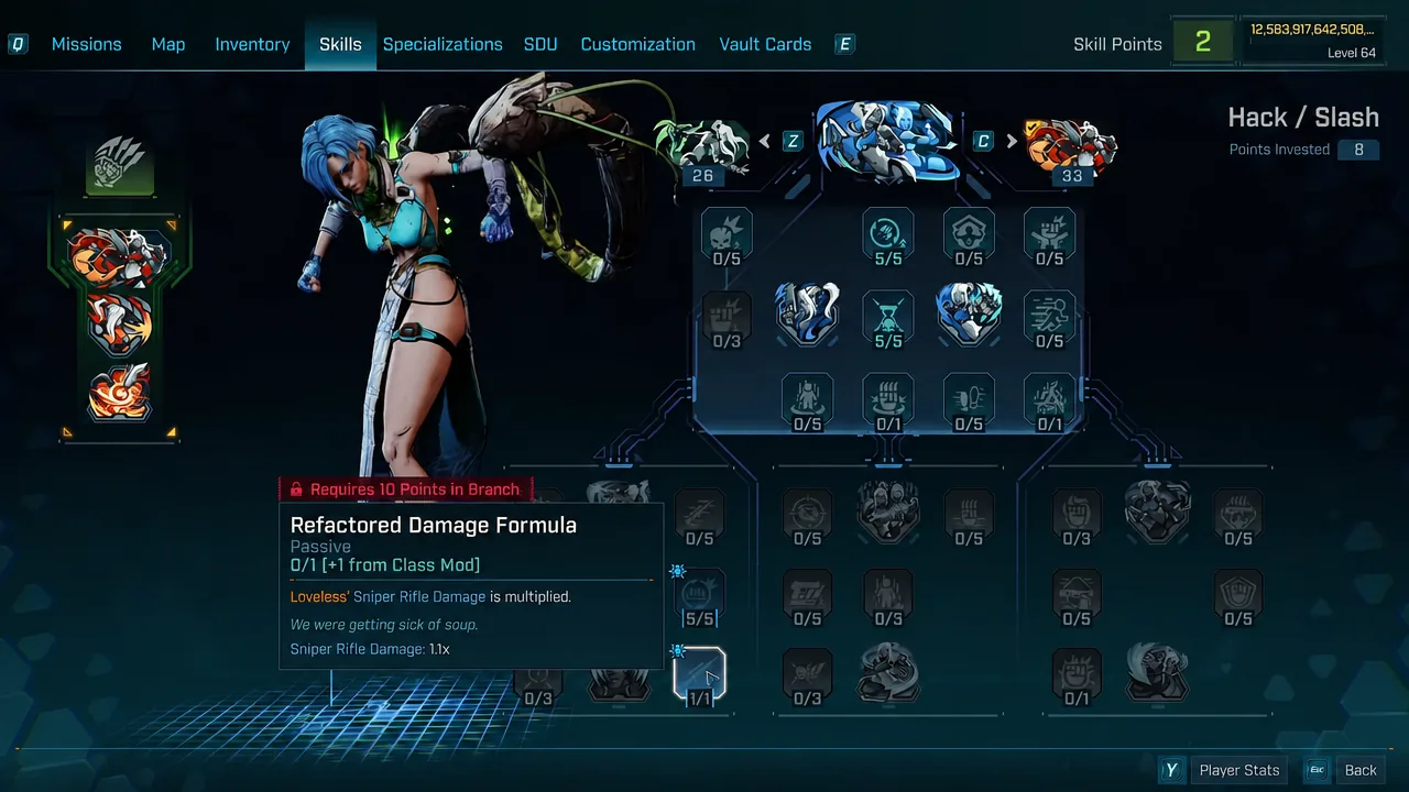 Loveless skill tree with the Refactored Damage Formula node selected and its tooltip open