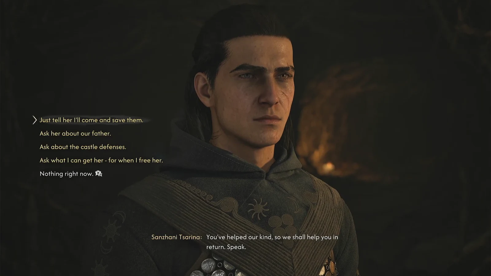 Dialogue wheel with the option to tell Lunka that Coen is coming to save them highlighted