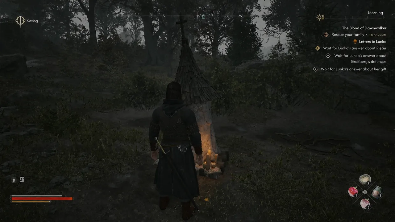 Coen standing at a lit shrine as the game autosaves after waiting until morning