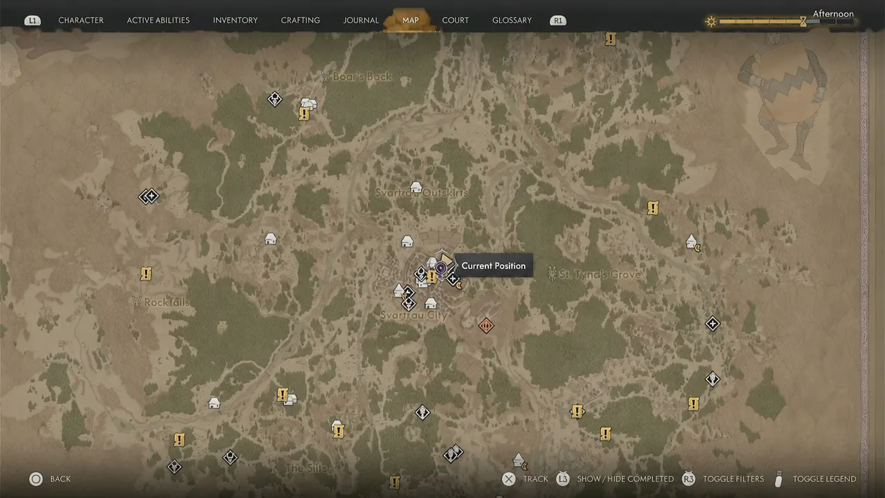 Map screen with the Current Position marker highlighted to orient the player in Svartrau