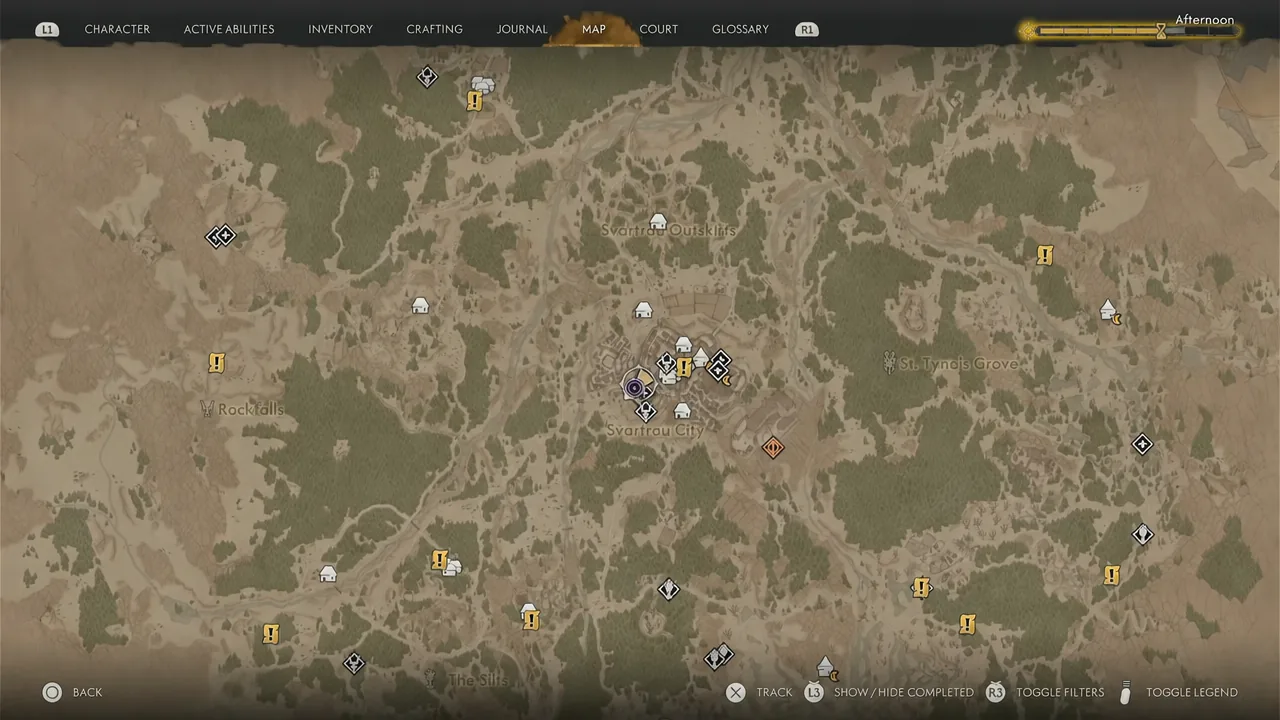 The open Map screen in The Blood of Dawnwalker showing Svartrau City locations and objective markers
