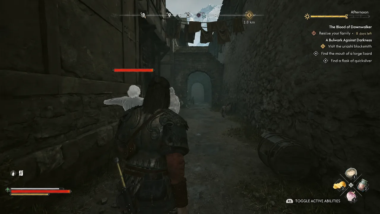 Quest tracker showing Rescue your family while Coen moves through a stone passage in Svartrau
