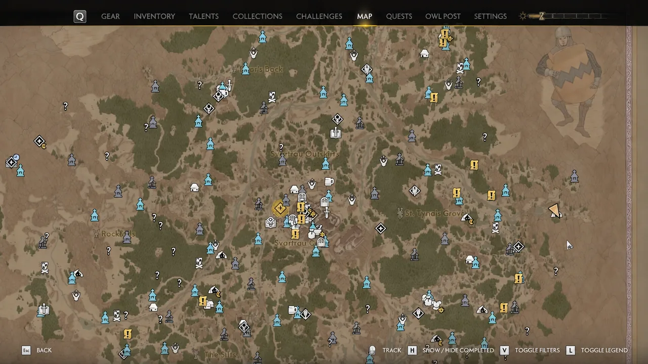 The map screen open on the MAP tab while viewing the surrounding world and its icons