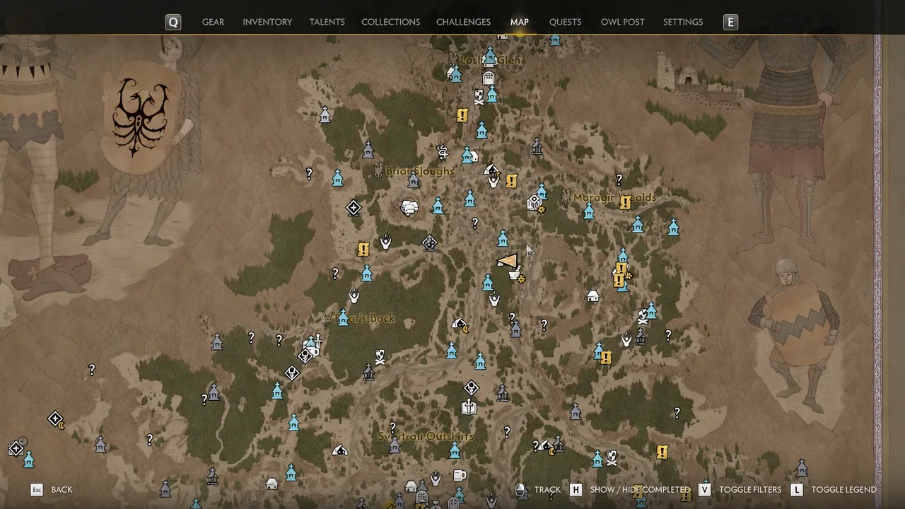 World map open on the MAP tab, showing revealed locations and markers across the region