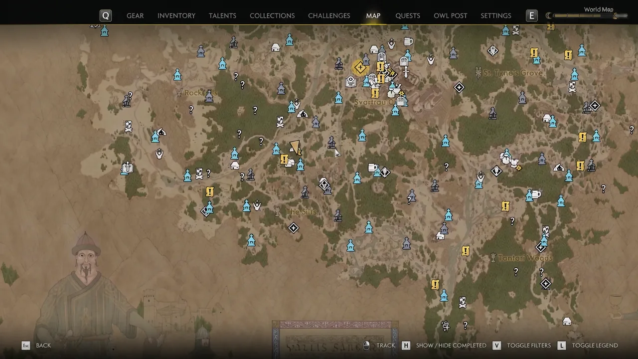 Map menu selected, showing world markers while planning the next lair to visit