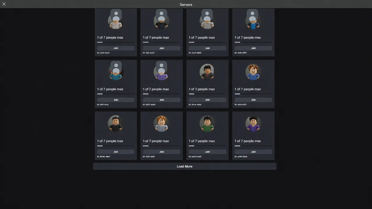 Roblox Servers list showing server cards with Join buttons and a Load More option
