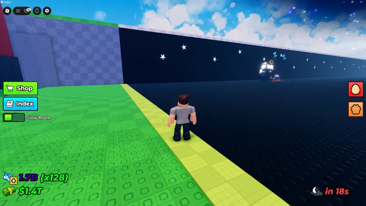 Player avatar standing at the edge of the arena with the green Slow Mode toggle active
