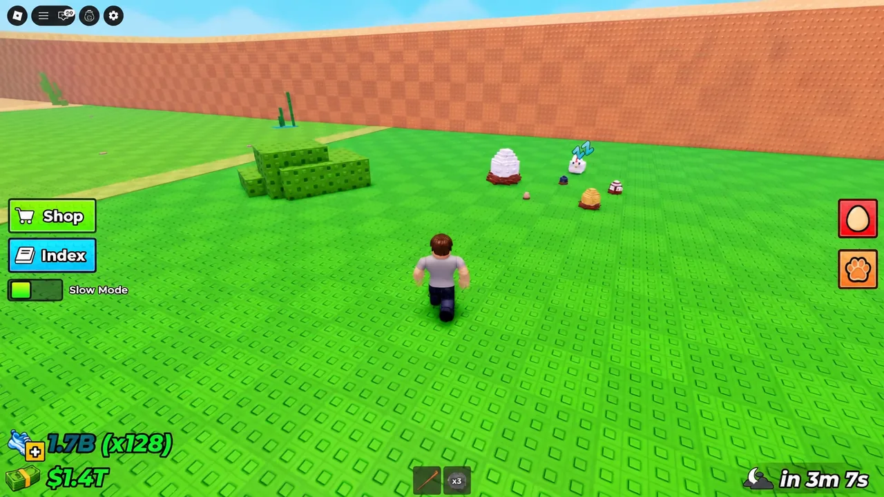 Avatar running toward collectible eggs with the Shop and Index buttons on screen