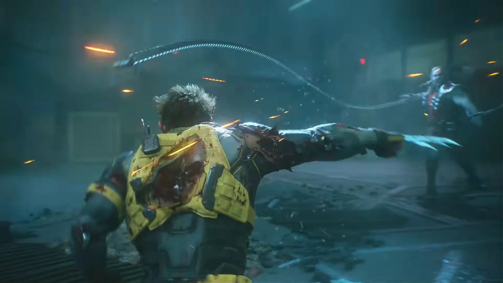 Wolverine slashing at Omega Red inside the compound as a boss health bar shows at the top