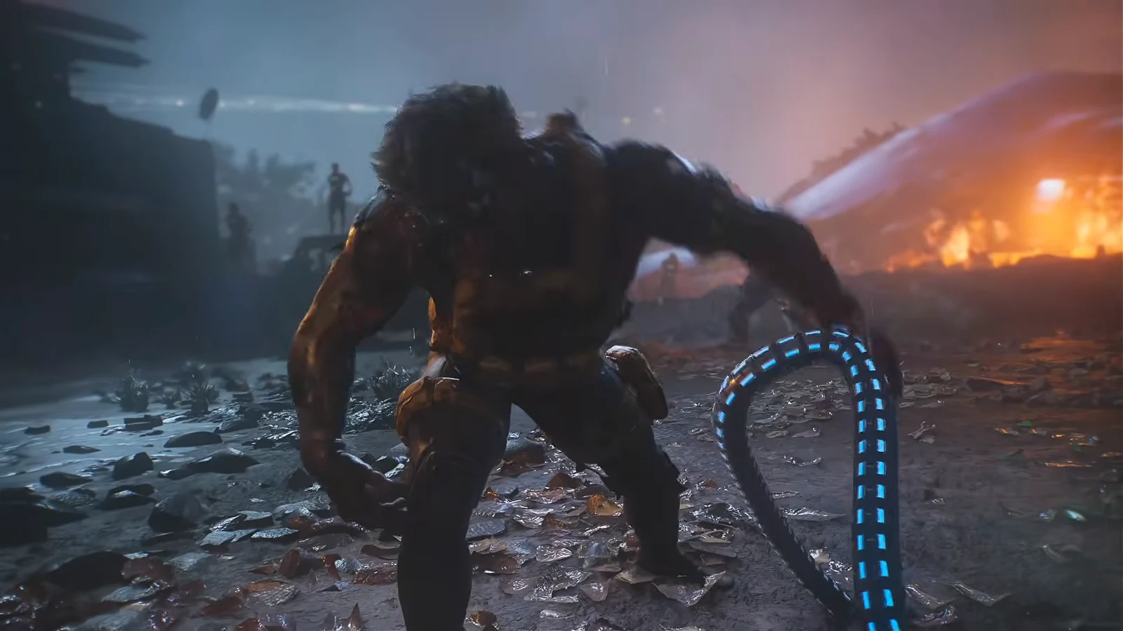 Logan pinning Omega Red to the wet ground during the final button-prompt takedown