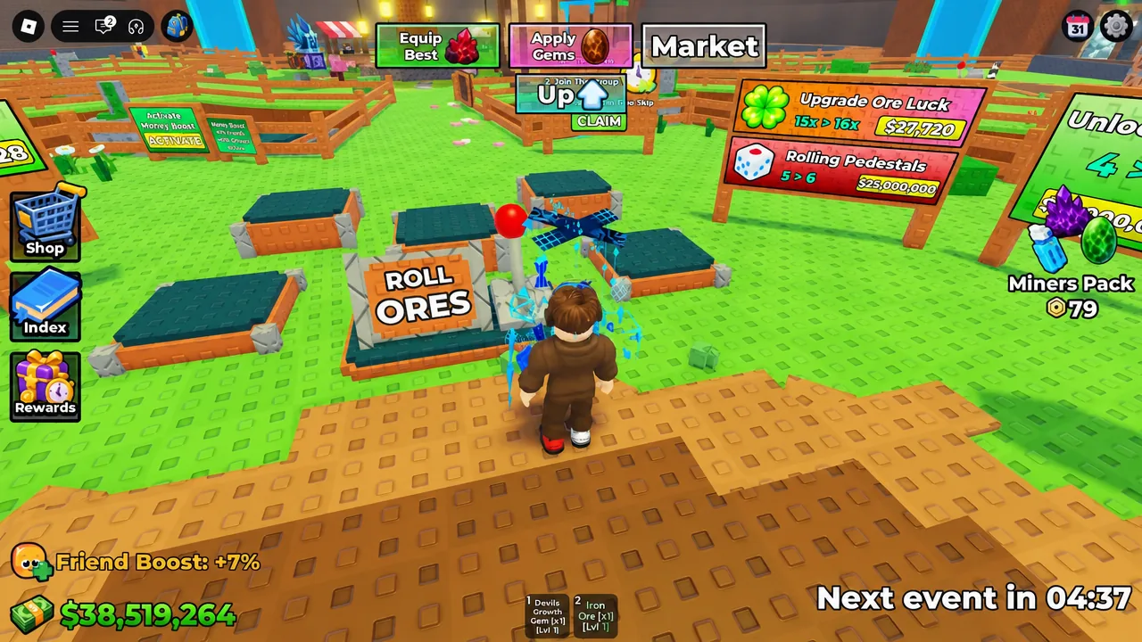 Avatar rolling ores at the ROLL ORES station during active gameplay