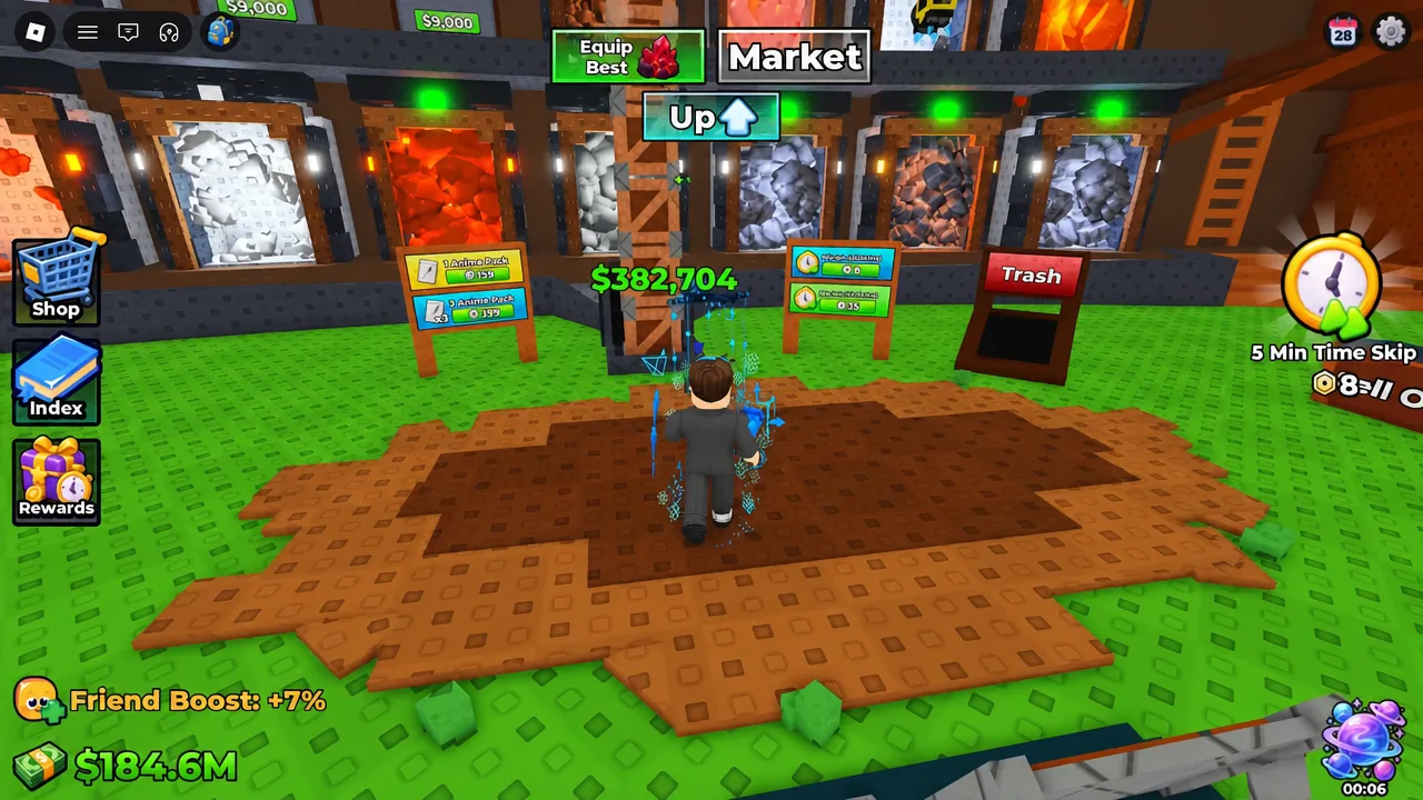 Market screen with the green Equip Best button for equipping the strongest mining gear