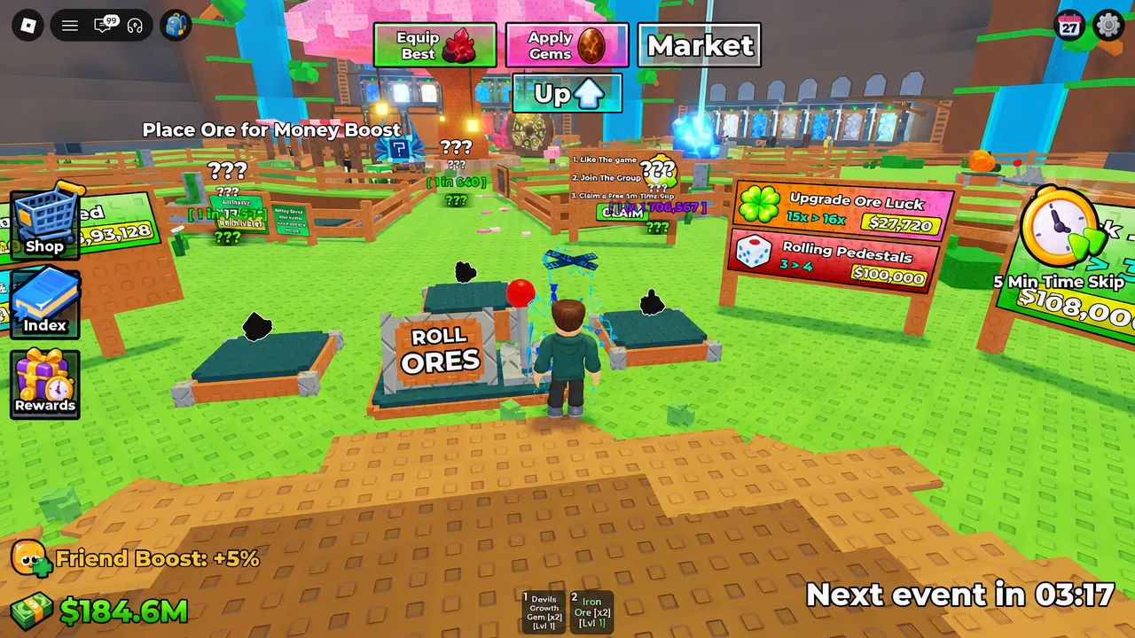Player standing at the ROLL ORES station ready to roll for rarer ores