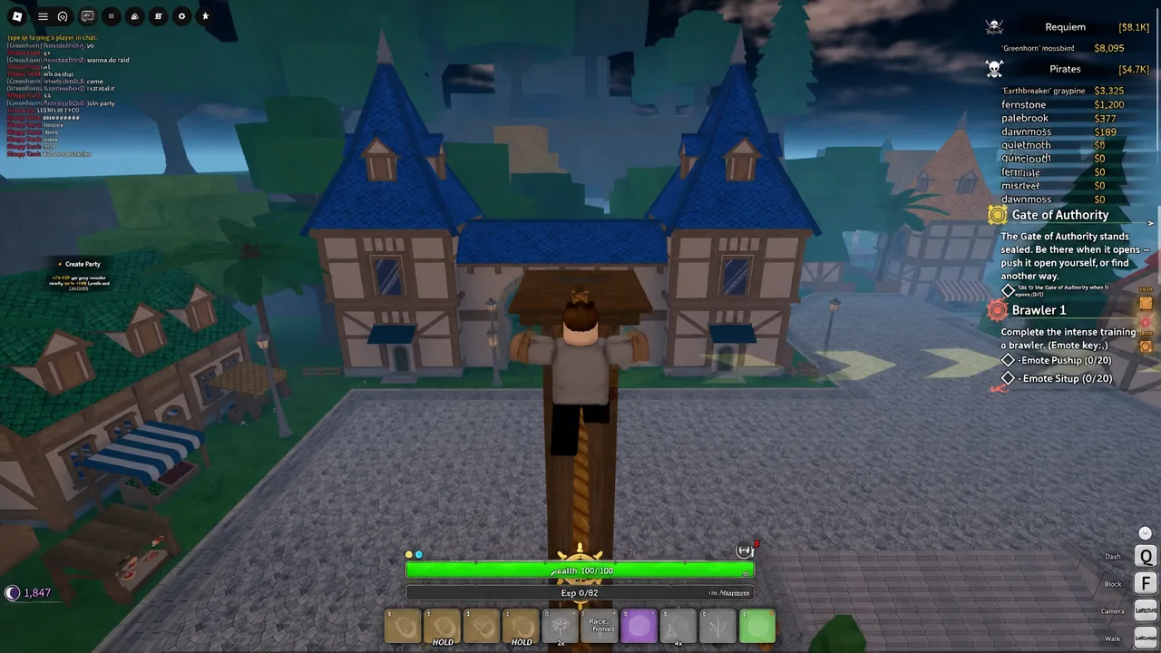 Grand Blue character training on a wooden pole with the Brawler 1 objective on screen