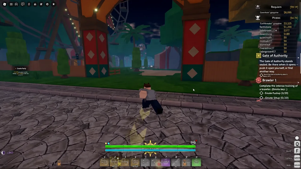 Player character running toward a gate in Grand Blue with the Gate of Authority quest panel on screen