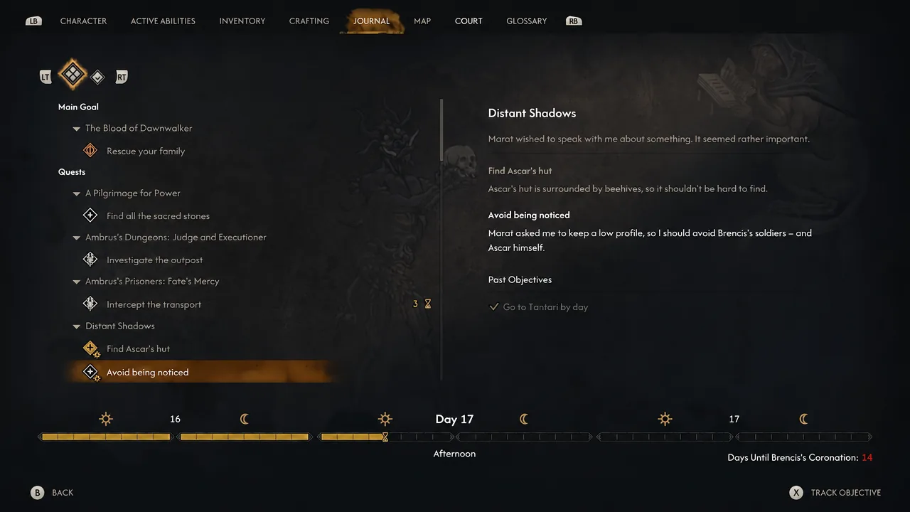 Journal entry for Distant Shadows showing the "Avoid being noticed" objective