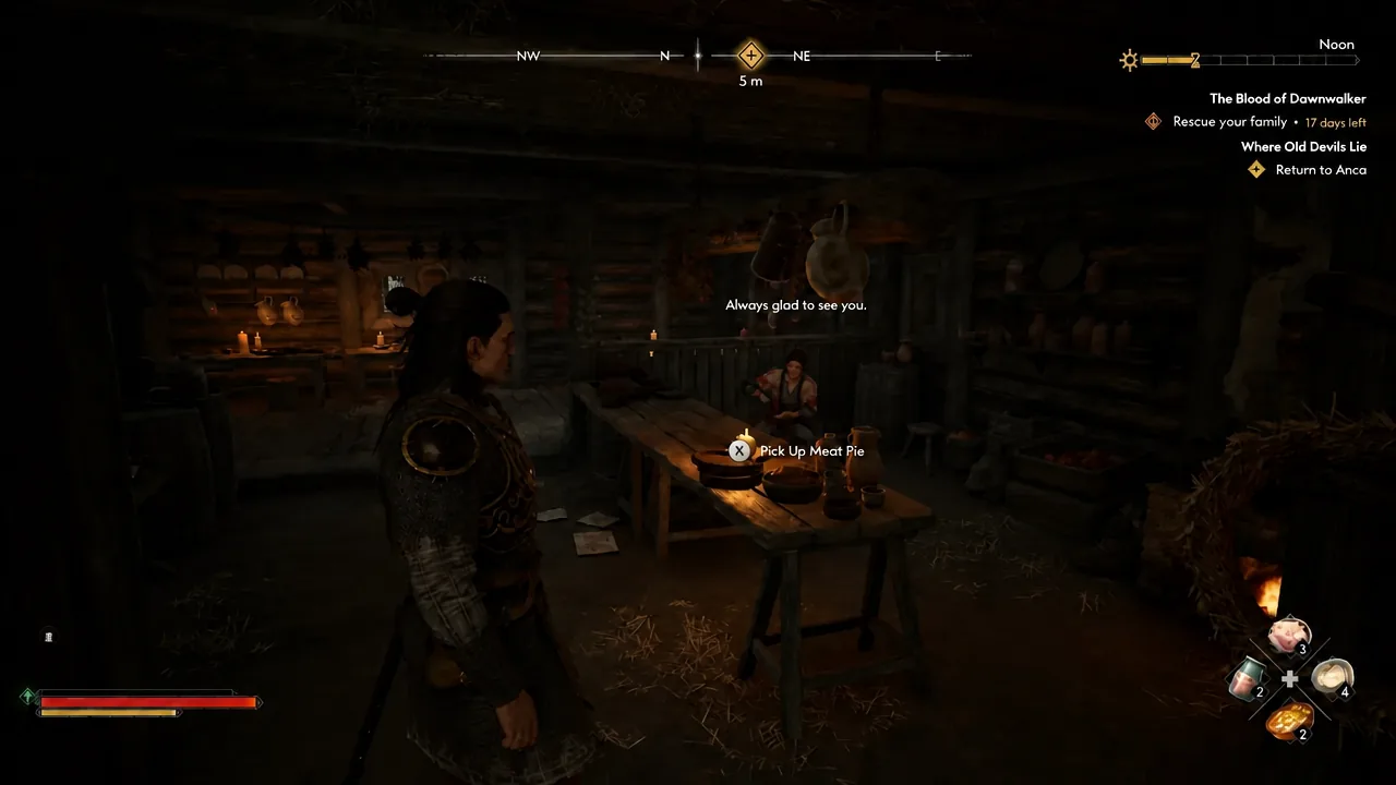 On-screen prompt to pick up a meat pie during Anca's questline