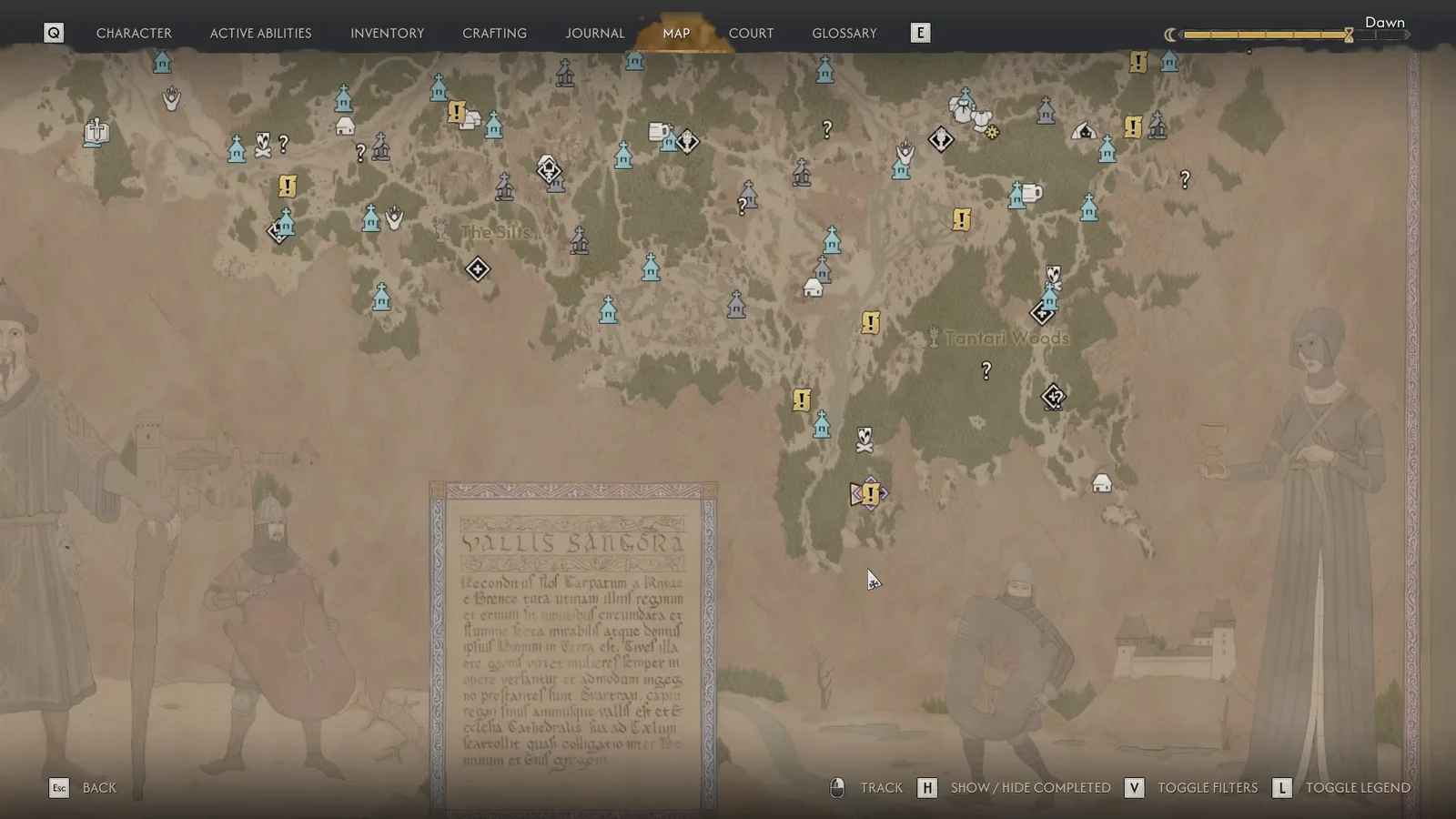 World map open with a purple and yellow exclamation quest marker below center