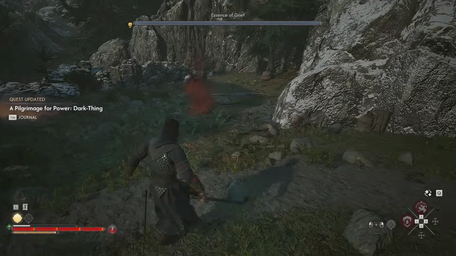 Coen fighting the Essence of Grief specter as the Dark-Thing quest updates on screen