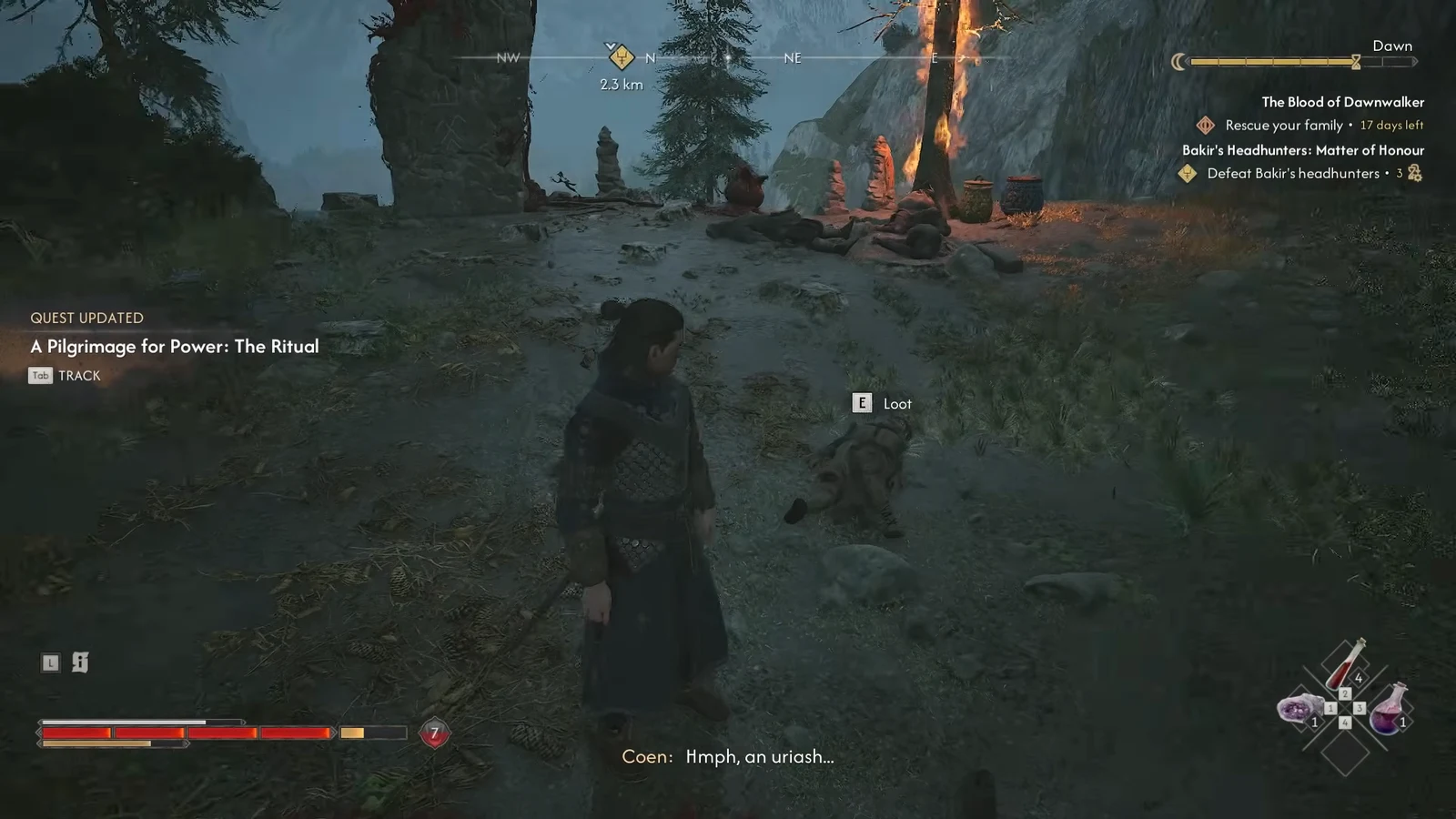 Loot prompt appearing over the defeated Witch of Barren Peaks as The Ritual quest updates