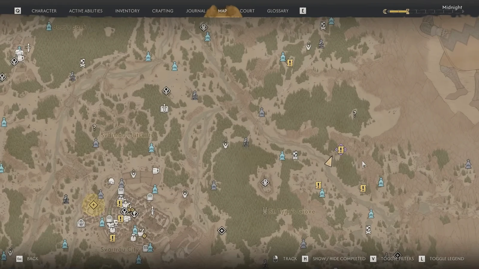 Map cursor next to a purple exclamation quest marker beside St. Tyna's Grove