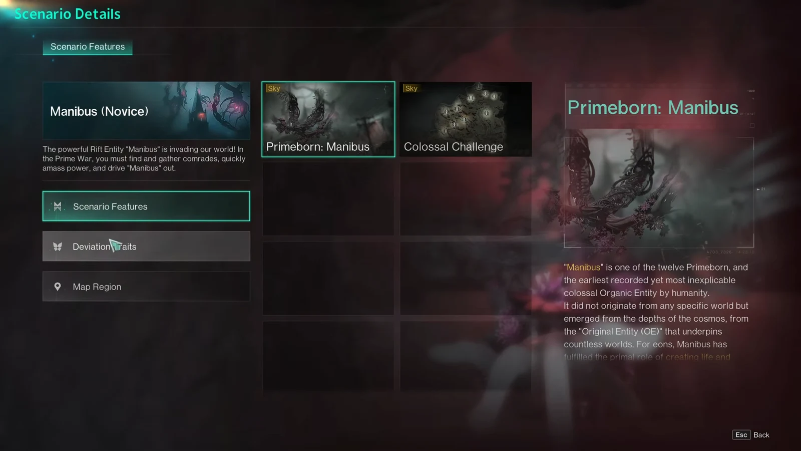 Scenario Details screen showing the Primeborn: Manibus card under Scenario Features