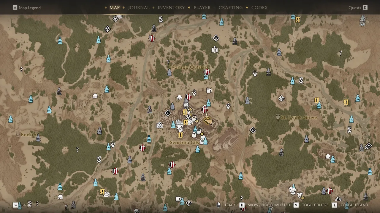 Svartrau City world map with the Cathedral Cemetery marker selected