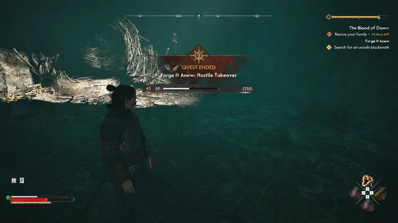 Quest Ended banner for Forge It Anew: Hostile Takeover awarding 43 XP