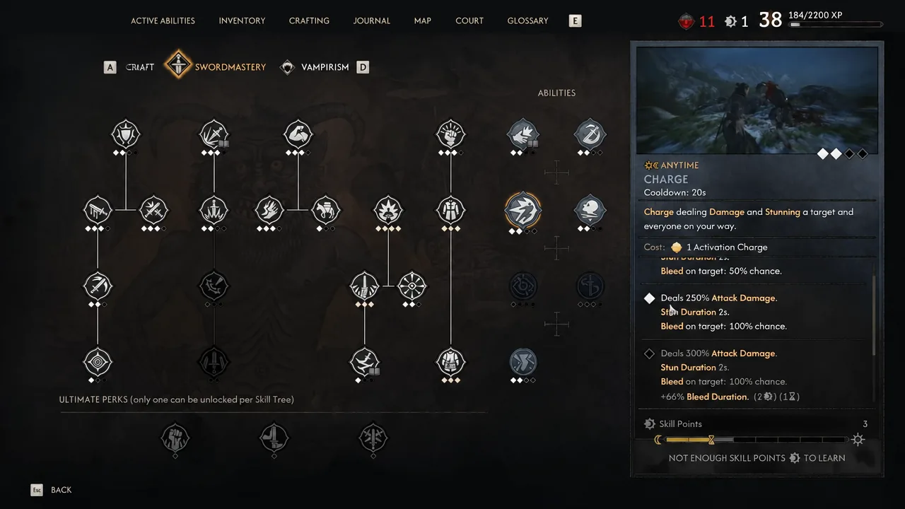 Charge highlighted on the Swordmastery skill tree with its upgrade details shown
