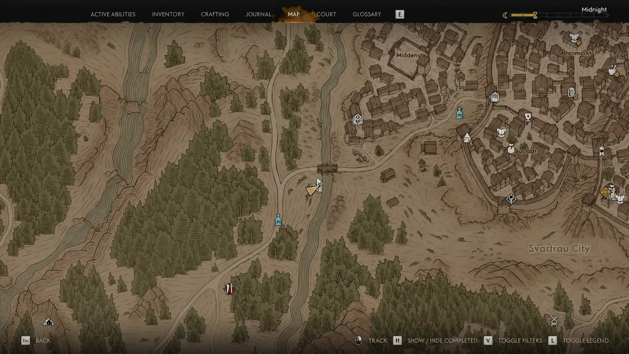 World map screen open on the MAP tab with the current location marker visible