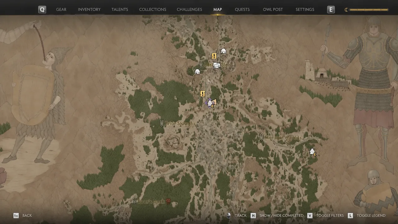 Map view showing the Briar Sloughs Tower marker south of Laslea Glen near the river