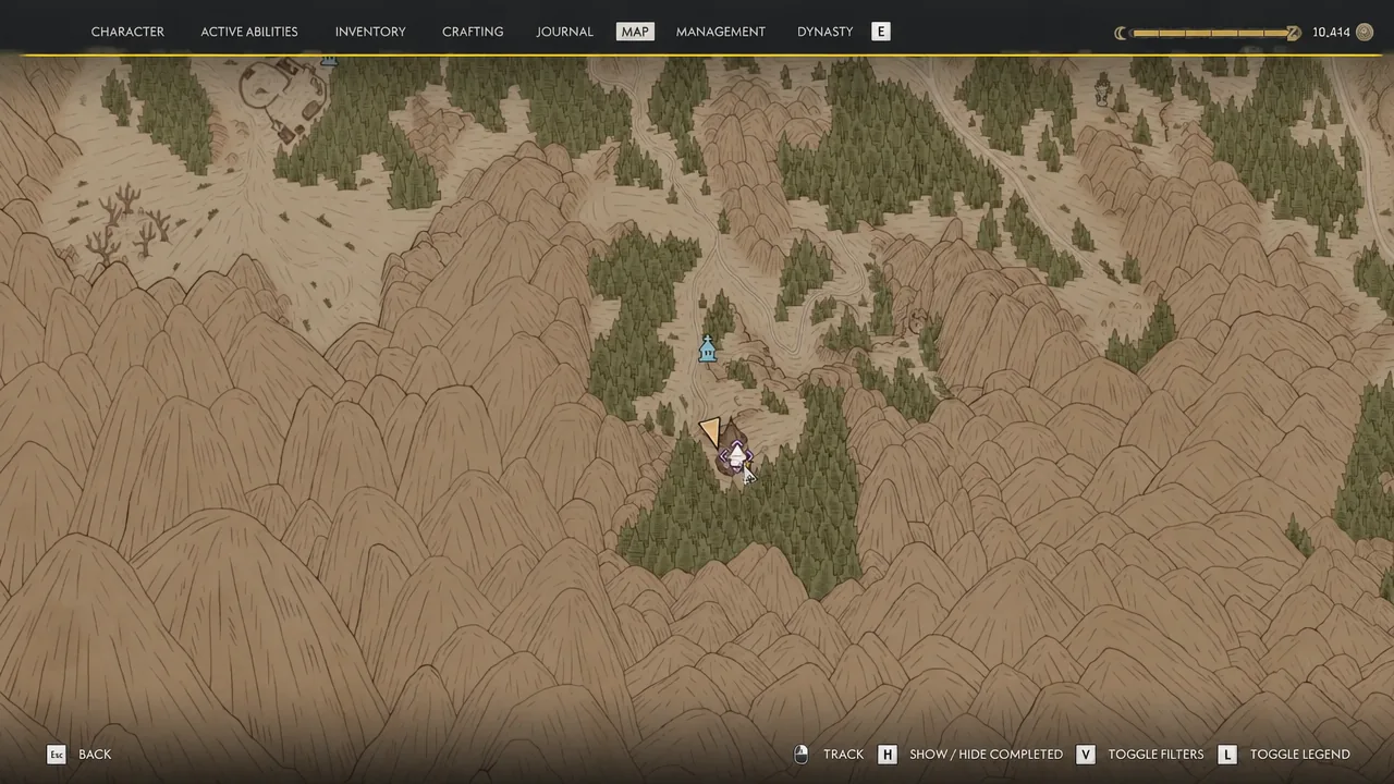 World map open with the player marker near the Silts Tower in the misty forest region