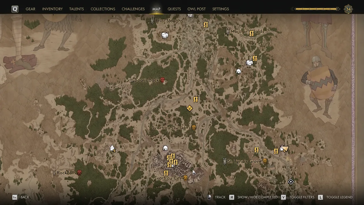 Regional map screen showing the St. Tyna's Grove Tower marker in the snowy northern area