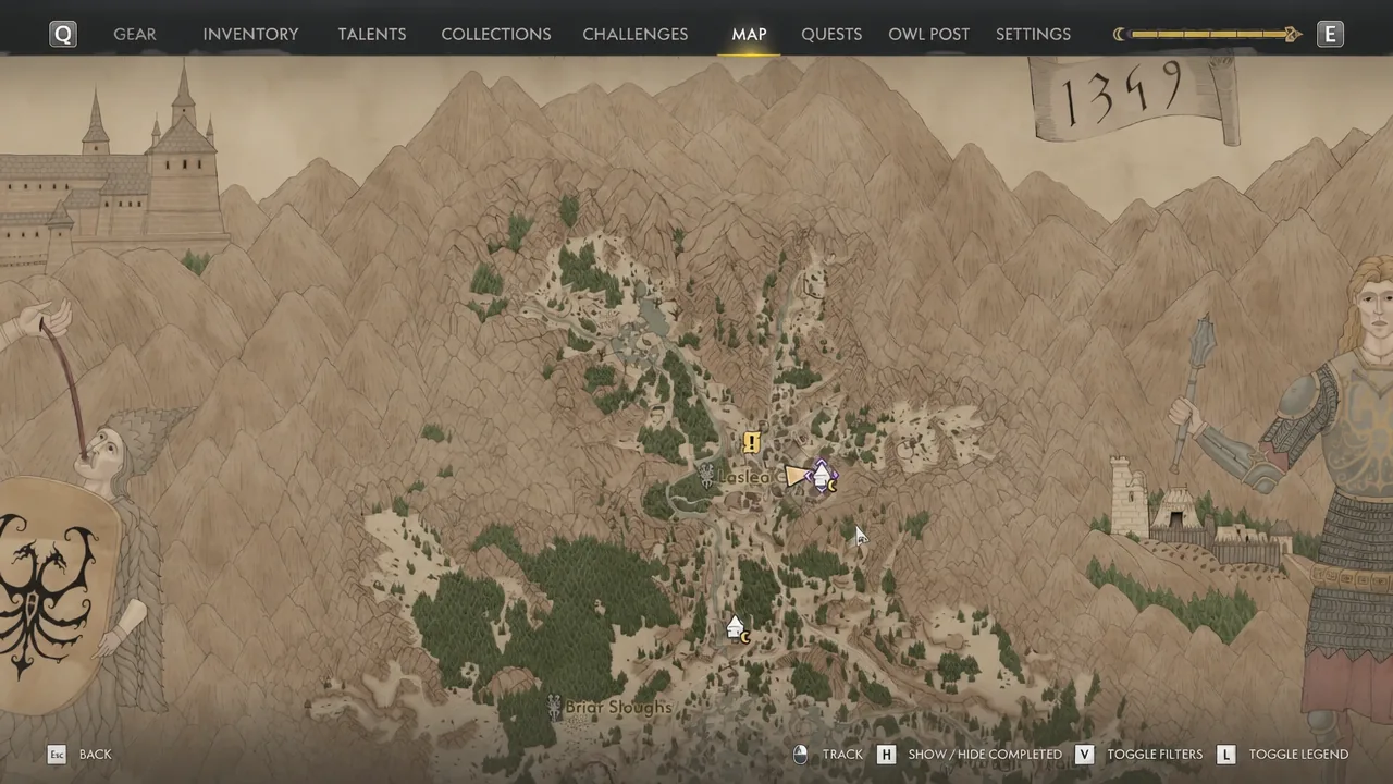 World map screen with the Church Tower marker highlighted near Coen's home village