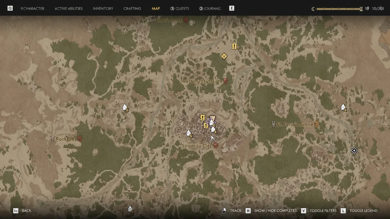 Map tab open on Svartrau City showing quest and location markers around the capital