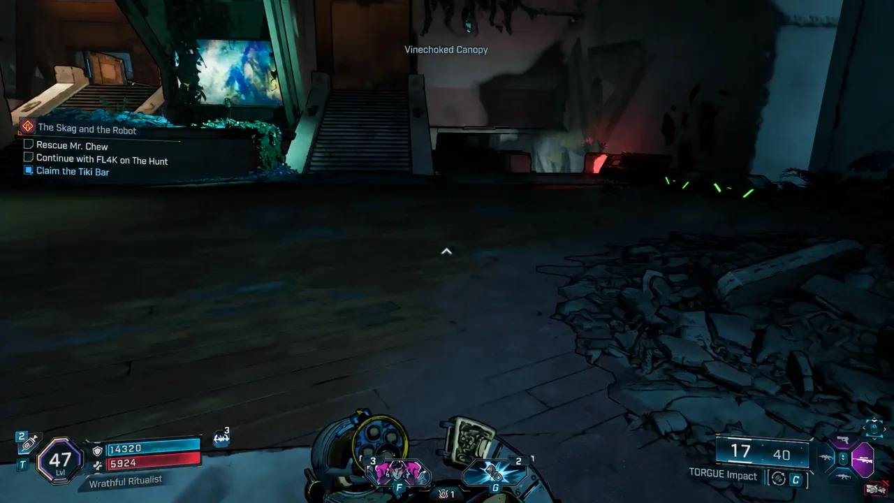 Quest tracker showing the Claim the Tiki Bar objective during Vinechoked Canopy gameplay
