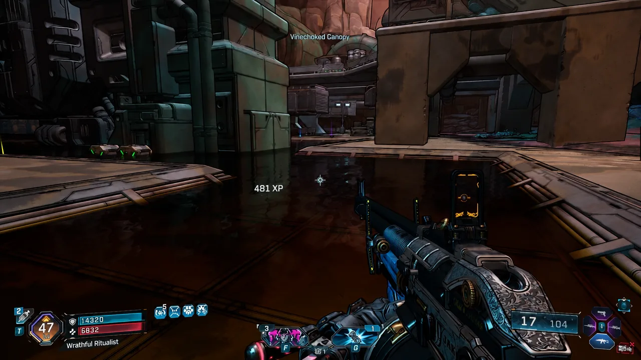 Player moving through an industrial section of Vinechoked Canopy with a weapon drawn