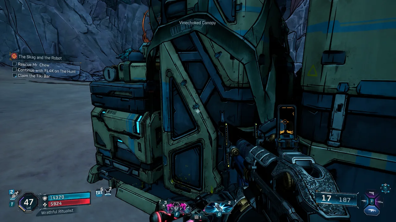 Machinery and equipment in Vinechoked Canopy with the objective tracker on screen